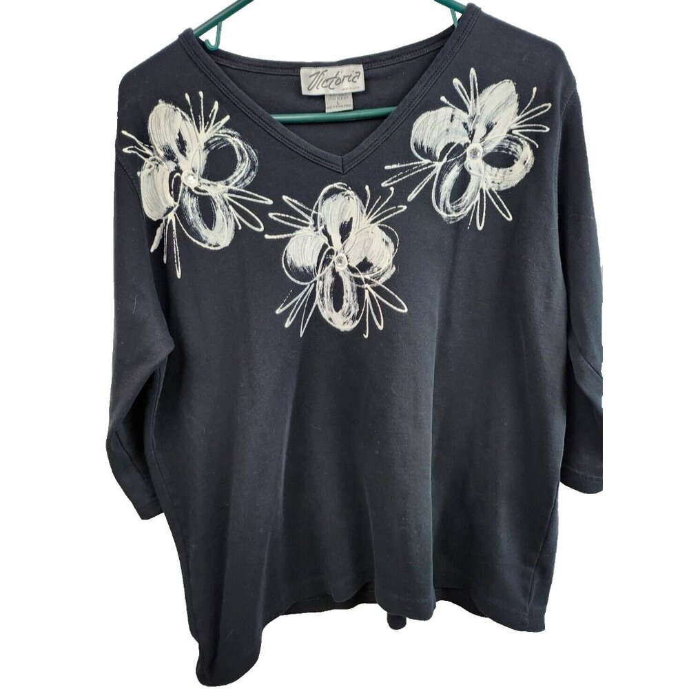 Vitnage 90s Victoria Wearable Art Top Womens Large Black White Floral 3/4 Sleeve